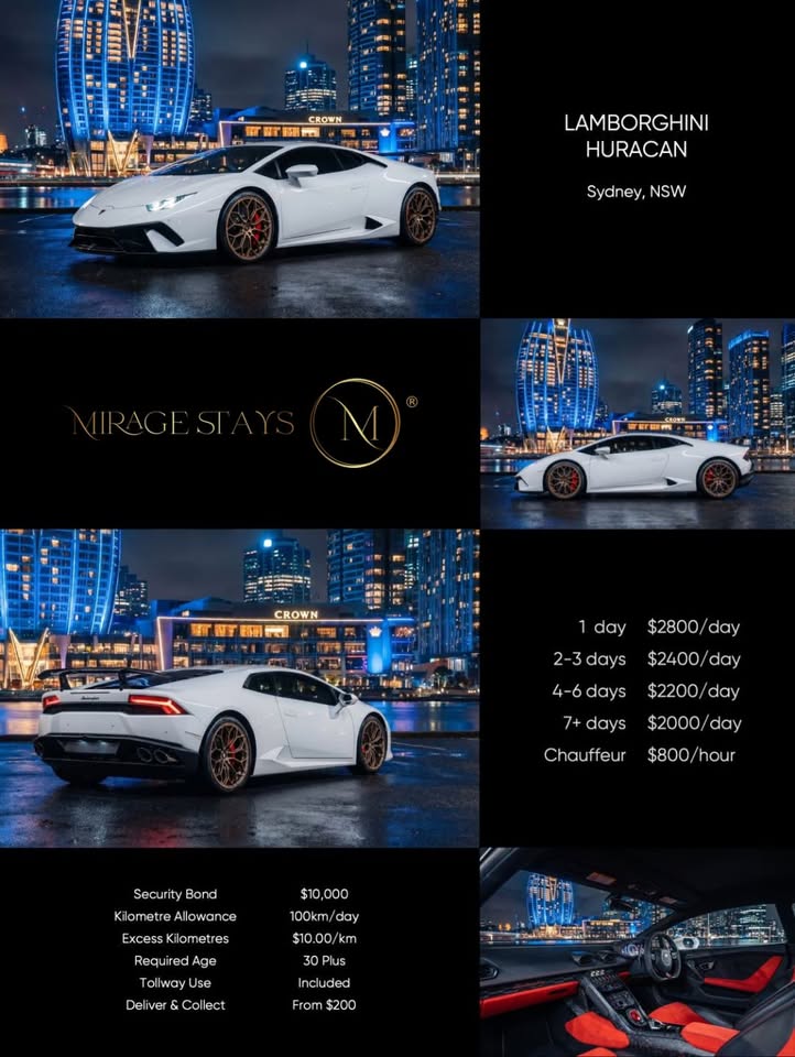 Lamborghini Huracán available for hire in Sydney through Mirage Stays